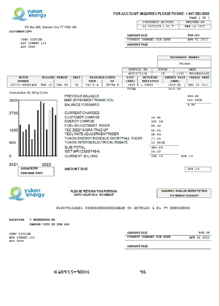 Canada Yukon Energy utility bill